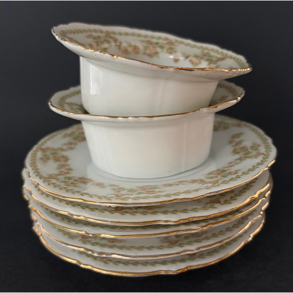 Vintage Bavaria Porcelain 7pc Set 5 Plates 2 Ramekins Pink Rose Gold Gilt Trim